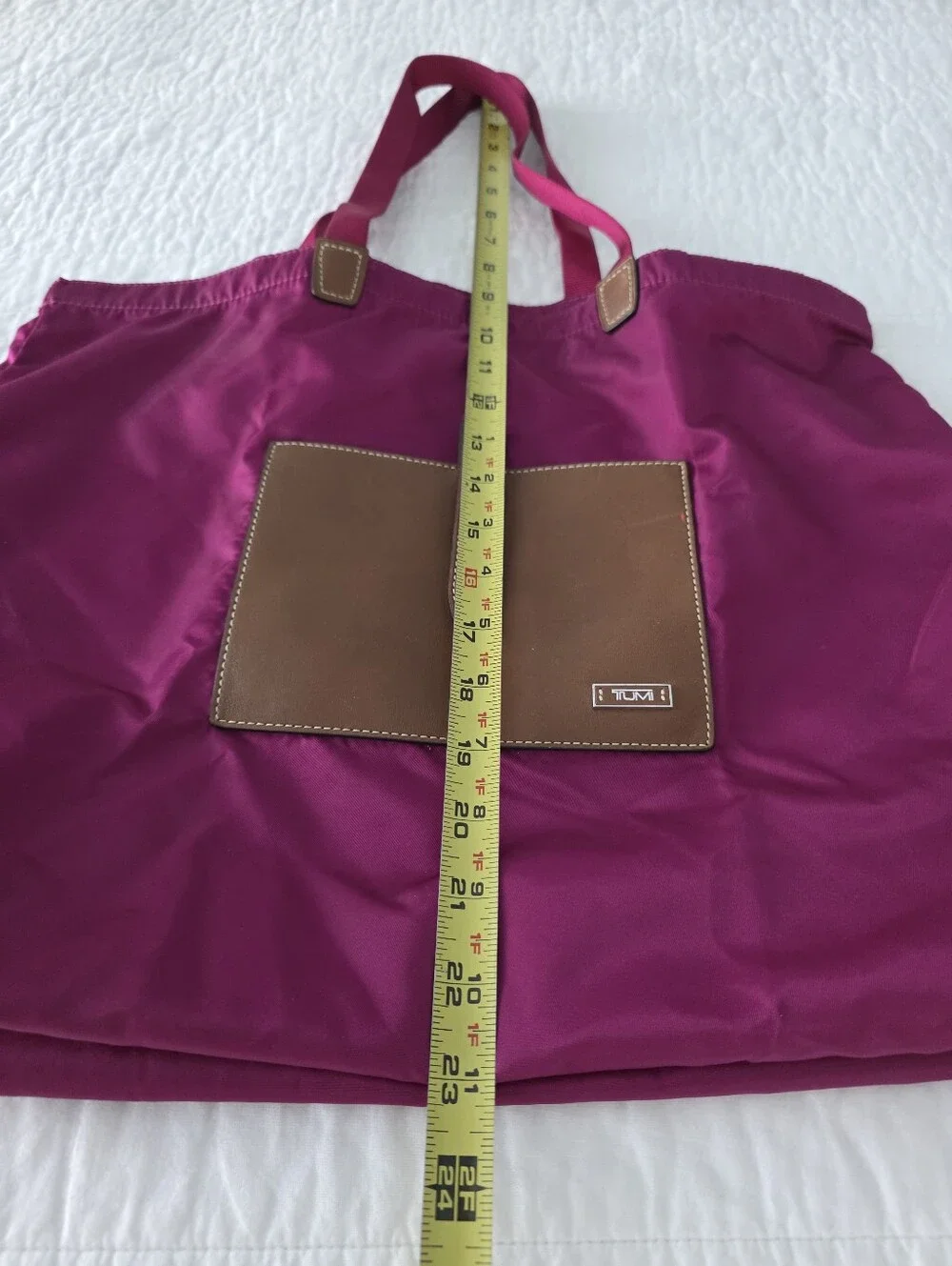 Tumi Roll Up BagWomen's Magenta Nylon Tote with Brown Leather Pocket